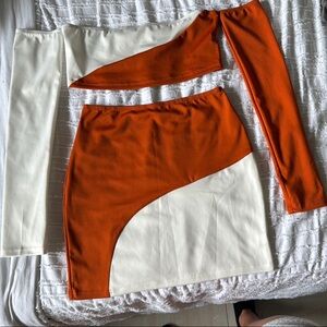 Orange and White Colorblock Skirt Set